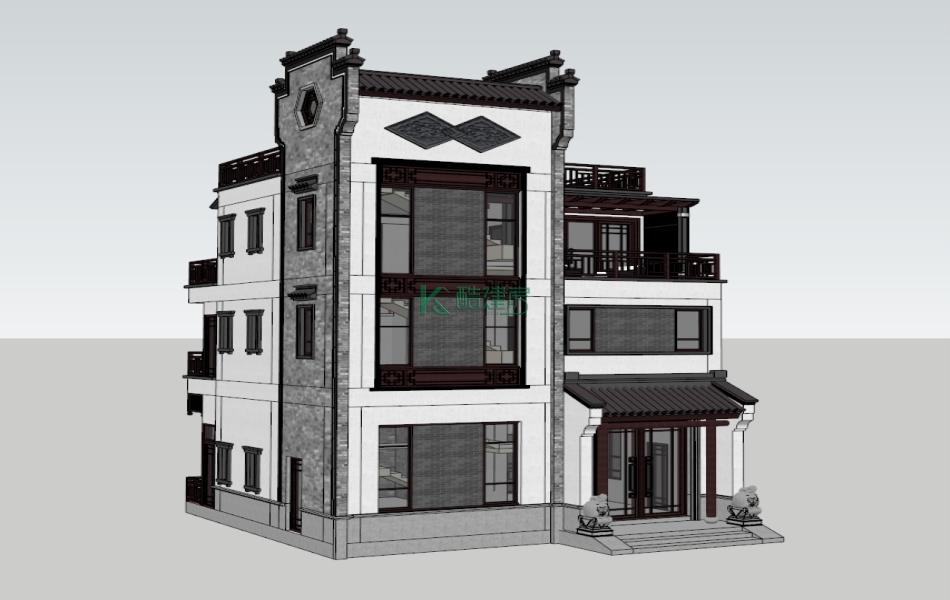 三层徽派别墅效果图个性实用,占地132平方11×12米带露台阳台农村独栋自建房设计图