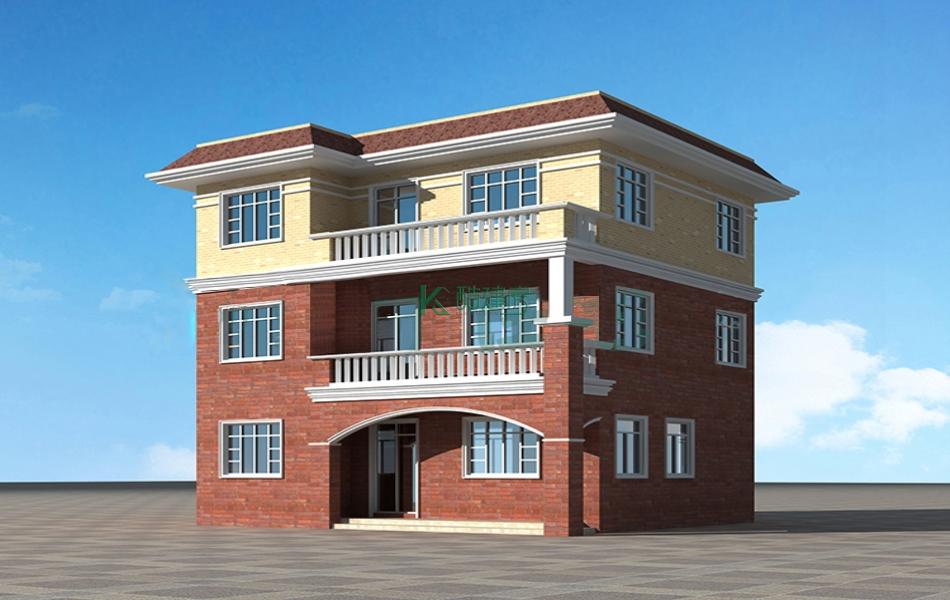 三层美式别墅效果图新款豪华,占地120平方10×12米带露台阳台农村独栋别墅设计图