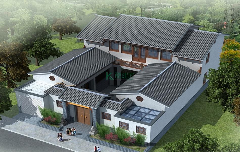 二层中式别墅效果图精美复古,占地208平方13×16米带院子阳台农村四合院别墅设计图