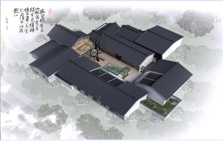 二层中式别墅效果图高档大气,占地672平方24×28米带院子露台花园农村四合院别墅设计图