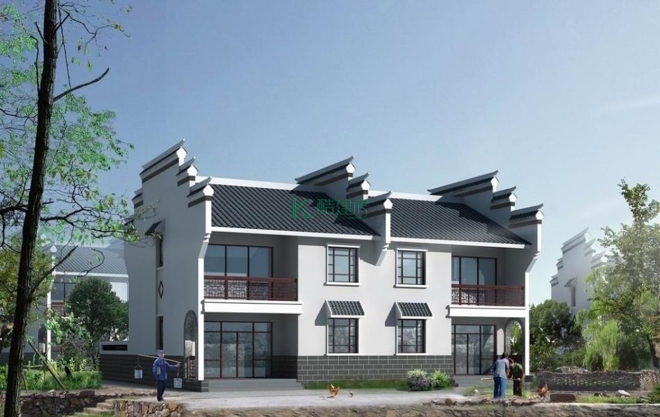 二层徽派别墅效果图素雅别致,占地144平方16×9米带阳台农村双拼自建房设计图