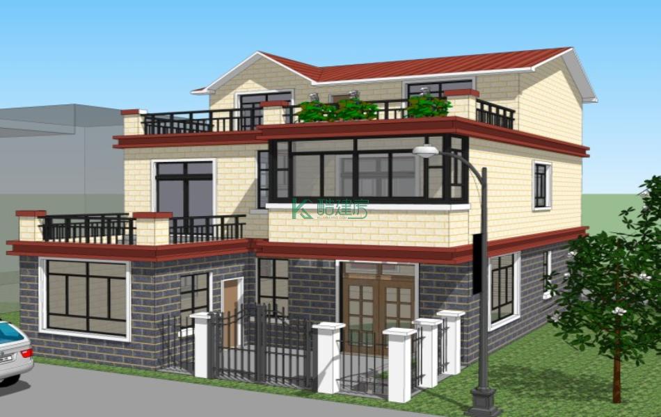 三层中式别墅效果图实用小户型,占地88平方8×11米带露台花园阳台农村独栋自建房设计图