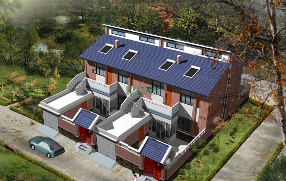 二层中式别墅效果图,占地200平方20×10米带院子阳台农村独栋自建房设计图