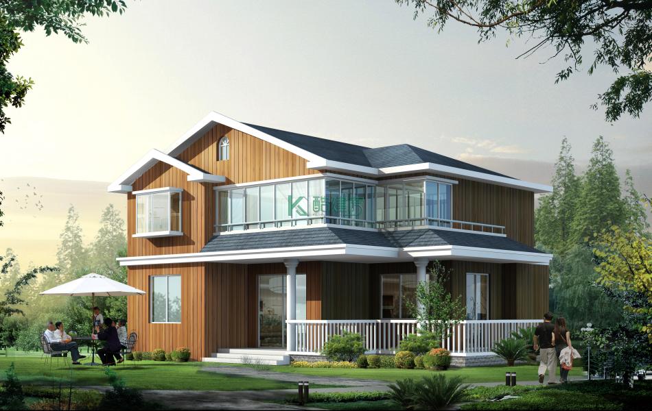 二层美式别墅效果图最新简约,占地117平方13×9米带阳台农村独栋别墅设计图