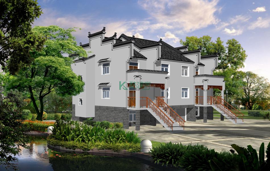 二层徽派别墅效果图好看,占地195平方15×13米带车库地下室露台农村双拼自建房设计图