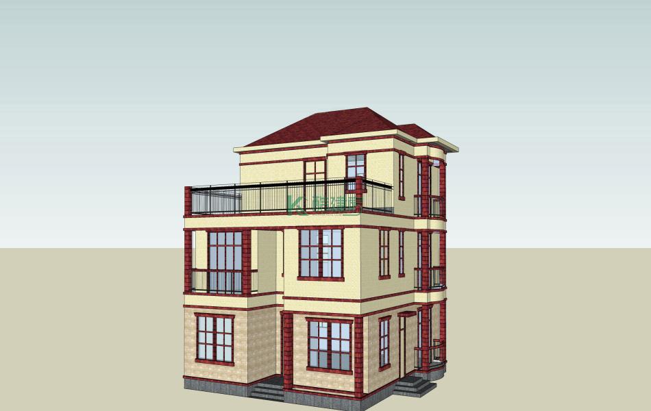 三层中式别墅效果图小户型,占地110平方10×11米带露台阳台农村独栋别墅设计图