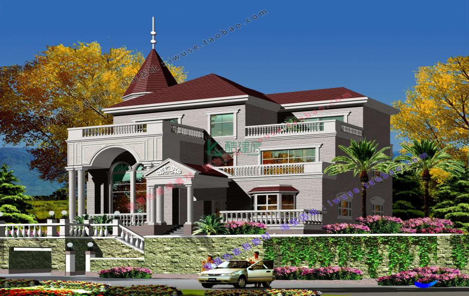 三层美式别墅效果图经典实用,占地255平方17×15米带露台阳台农村独栋别墅设计图