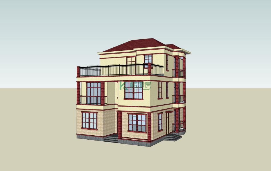 三层中式别墅效果图简约实用,占地132平方12×11米带露台阳台农村独栋别墅设计图